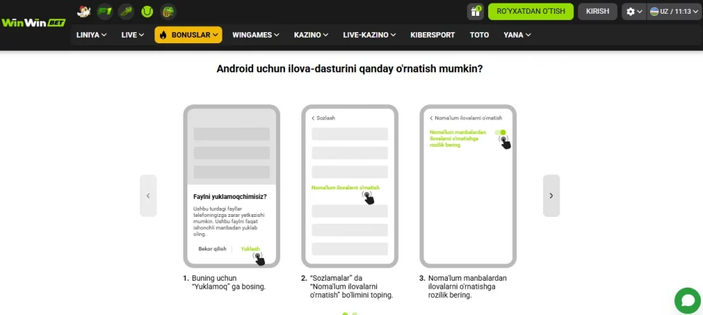 O'zbekistonlik futbolchilar, Android uchun Win Win APK faylini yuklab oling va o'rnating
