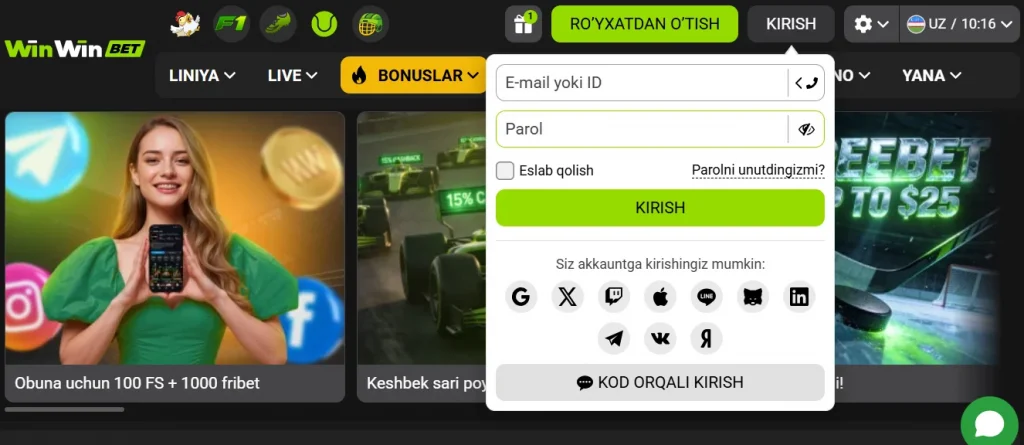 Winwin Uzbekistan foydalanuvchi nomingiz va parolingizdan foydalanib, profilingizga kiring